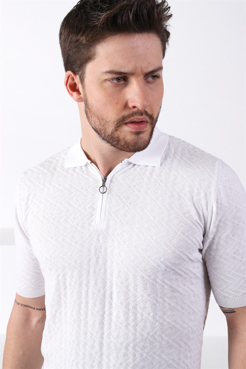 Ferraro Beyaz Polo Yaka Fermuarlı Erkek Pamuk Triko T-Shirt