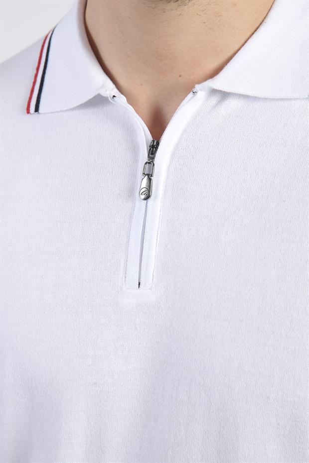 Ferraro Beyaz Polo Yaka Fermuarlı Erkek Pamuk Triko T-Shirt