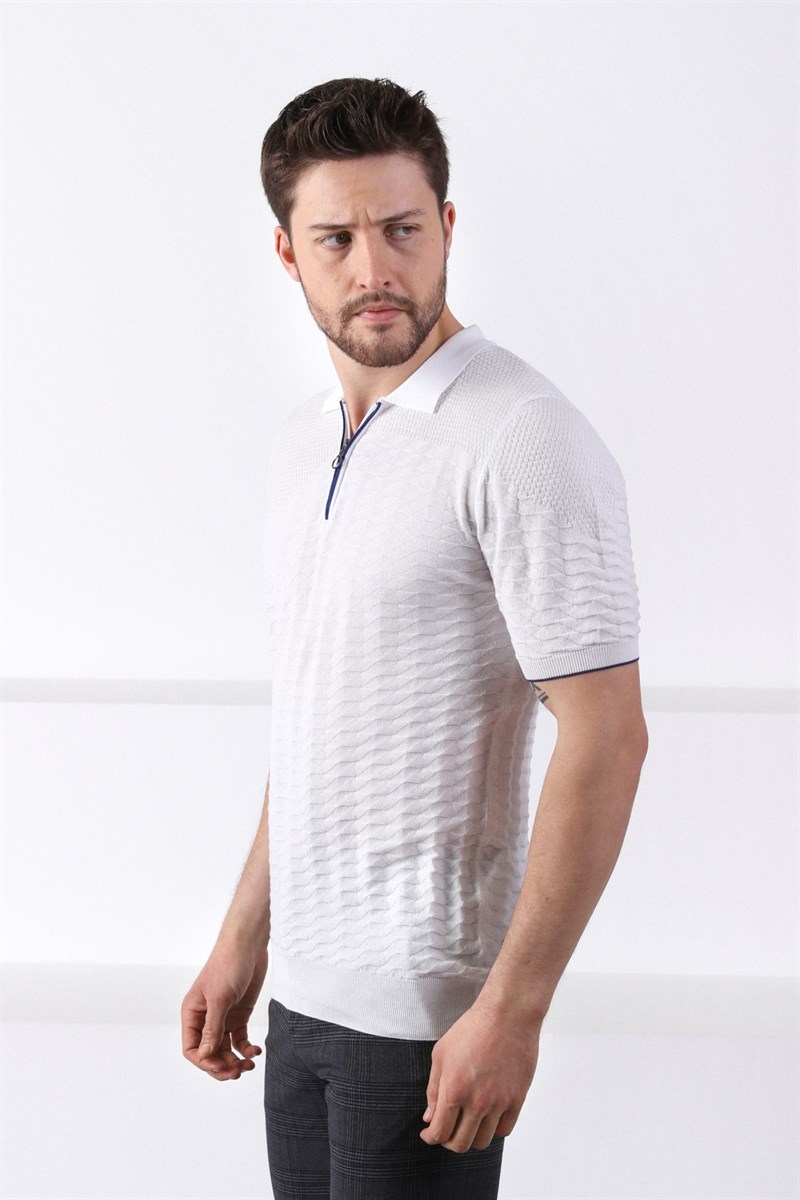 Ferraro Beyaz Polo Yaka Fermuarlı Erkek Pamuk Triko T-Shirt