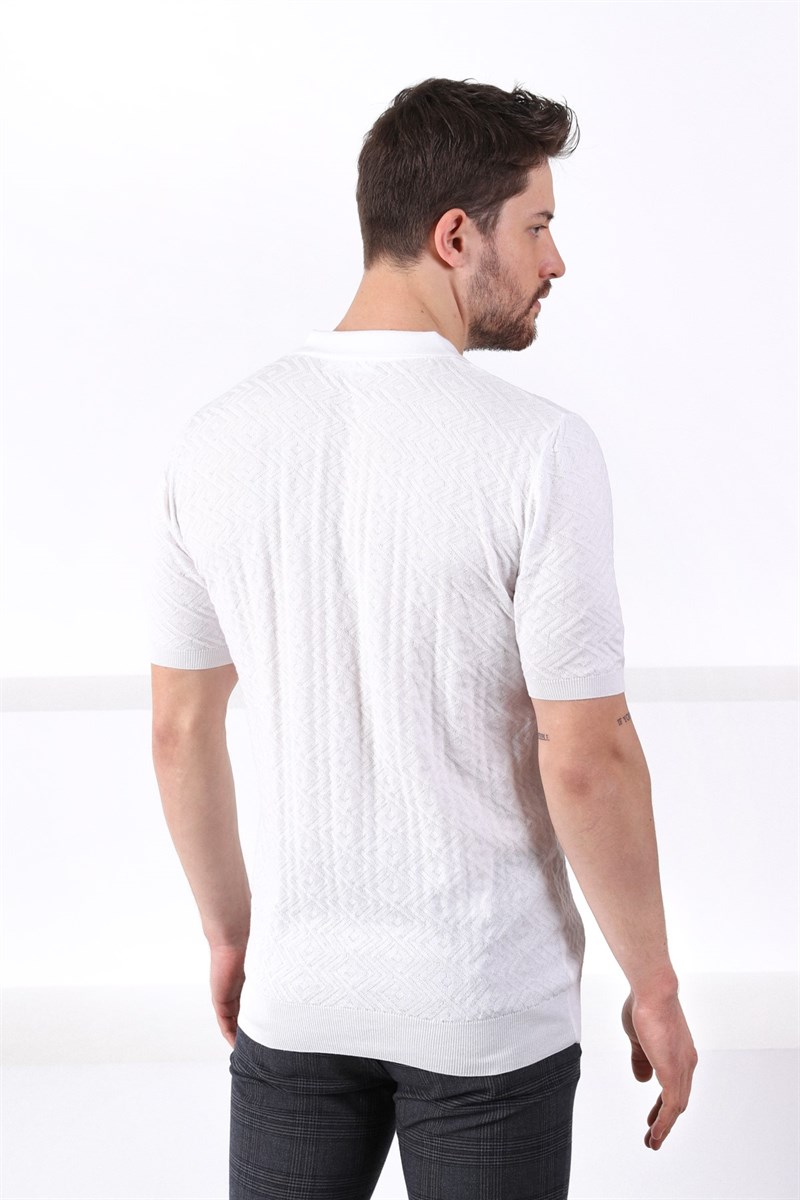 Ferraro Beyaz Polo Yaka Fermuarlı Erkek Pamuk Triko T-Shirt