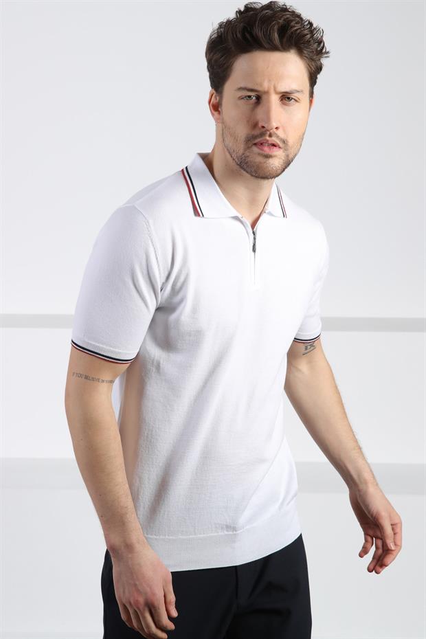 Ferraro Beyaz Polo Yaka Fermuarlı Erkek Pamuk Triko T-Shirt