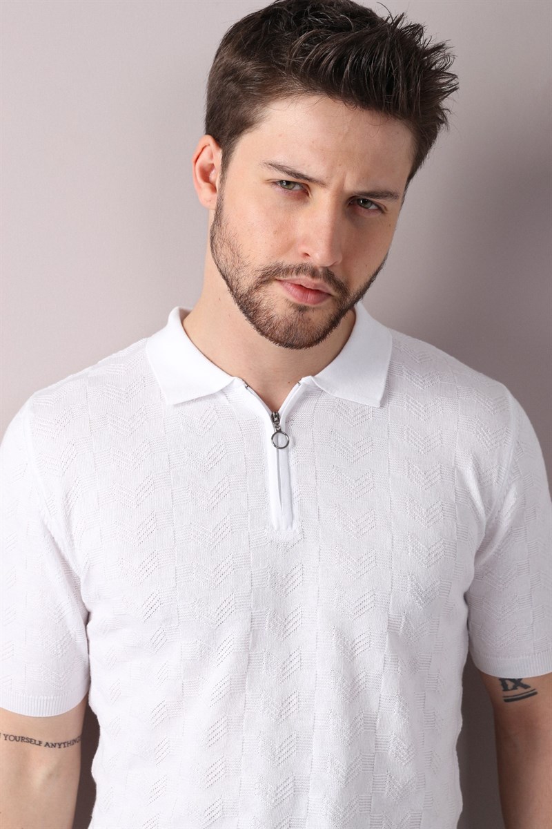 Ferraro Beyaz Polo Yaka Fermuarlı Erkek Pamuk Triko T-Shirt
