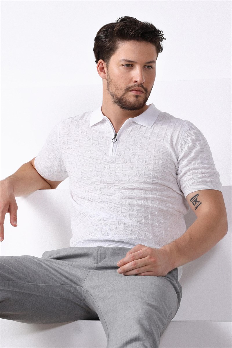 Ferraro Beyaz Polo Yaka Fermuarlı Erkek Pamuk Triko T-Shirt