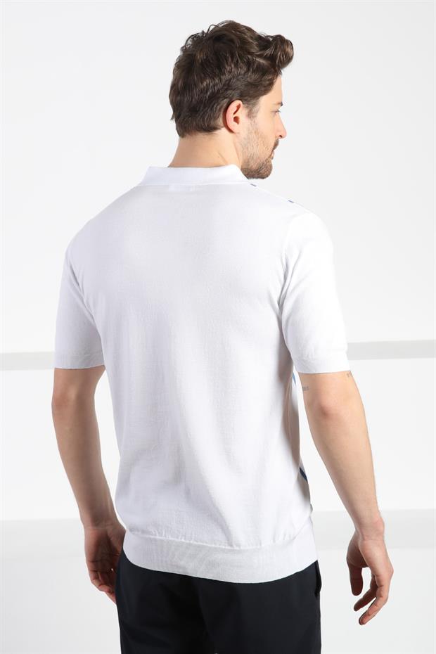 Ferraro Beyaz/A.Havacı Fermuarlı Polo Yaka %100 Pamuk Erkek Triko T-Shirt
