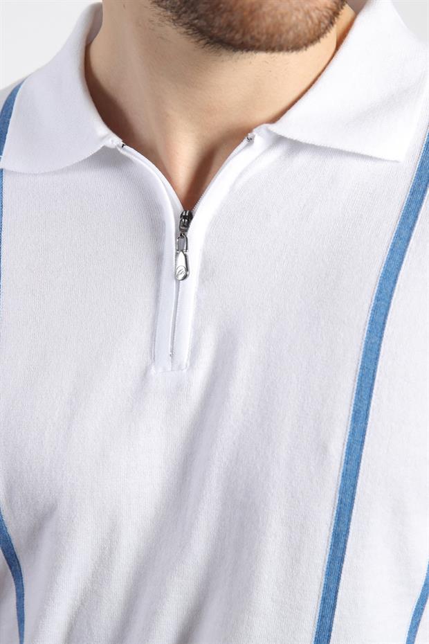 Ferraro Beyaz/A.Havacı Fermuarlı Polo Yaka %100 Pamuk Erkek Triko T-Shirt