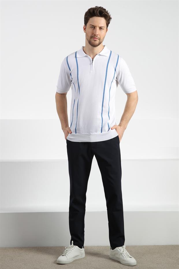 Ferraro Beyaz/A.Havacı Fermuarlı Polo Yaka %100 Pamuk Erkek Triko T-Shirt