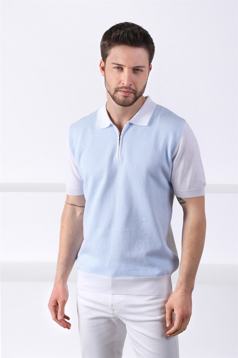 Ferraro Beyaz/A.Mavi Polo Yaka Desenli Erkek Pamuk Triko T-Shirt