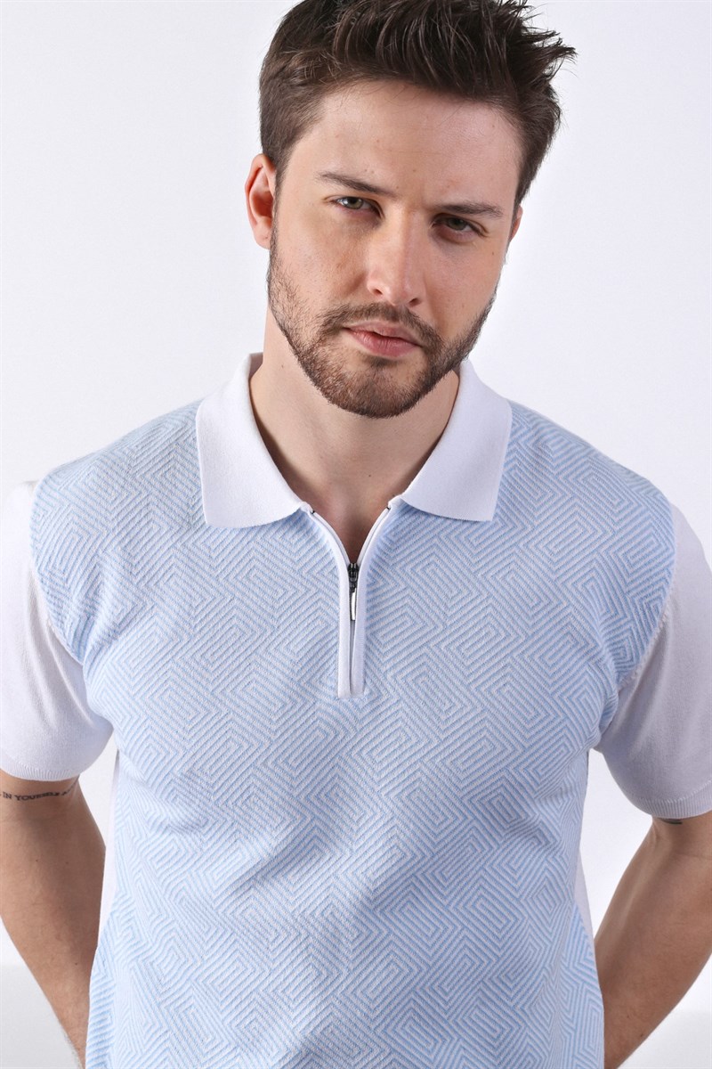 Ferraro Beyaz/A.Mavi Polo Yaka Desenli Erkek Pamuk Triko T-Shirt