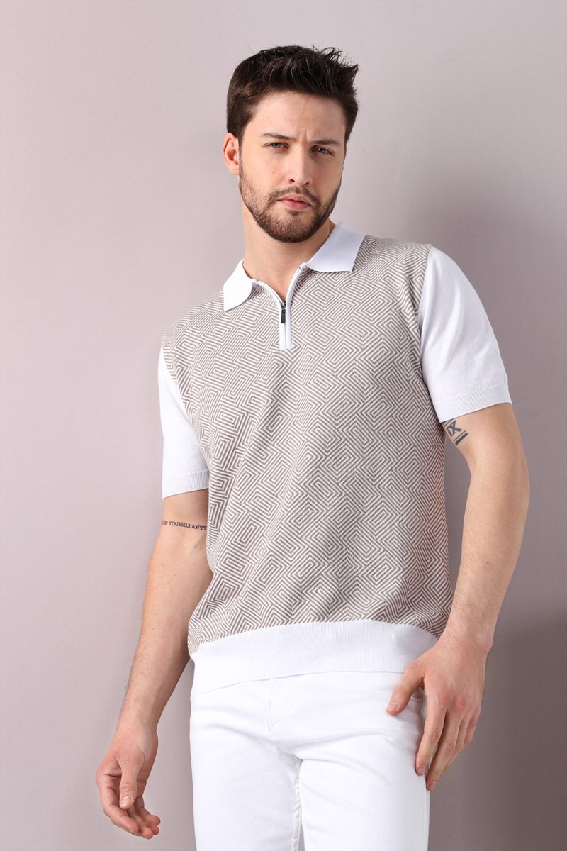 Ferraro Beyaz/Bej Polo Yaka Desenli Erkek Pamuk Triko T-Shirt