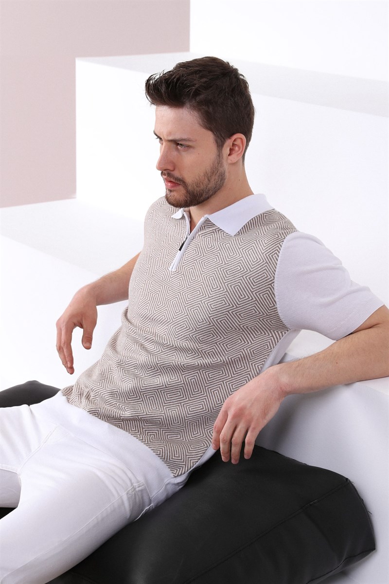 Ferraro Beyaz/Bej Polo Yaka Desenli Erkek Pamuk Triko T-Shirt