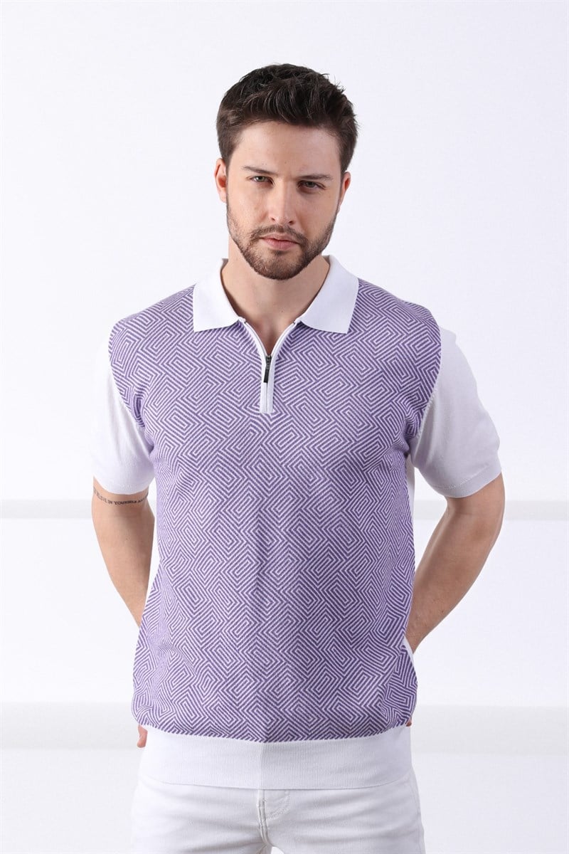 Ferraro Beyaz/Petunia Polo Yaka Desenli Erkek Pamuk Triko T-Shirt