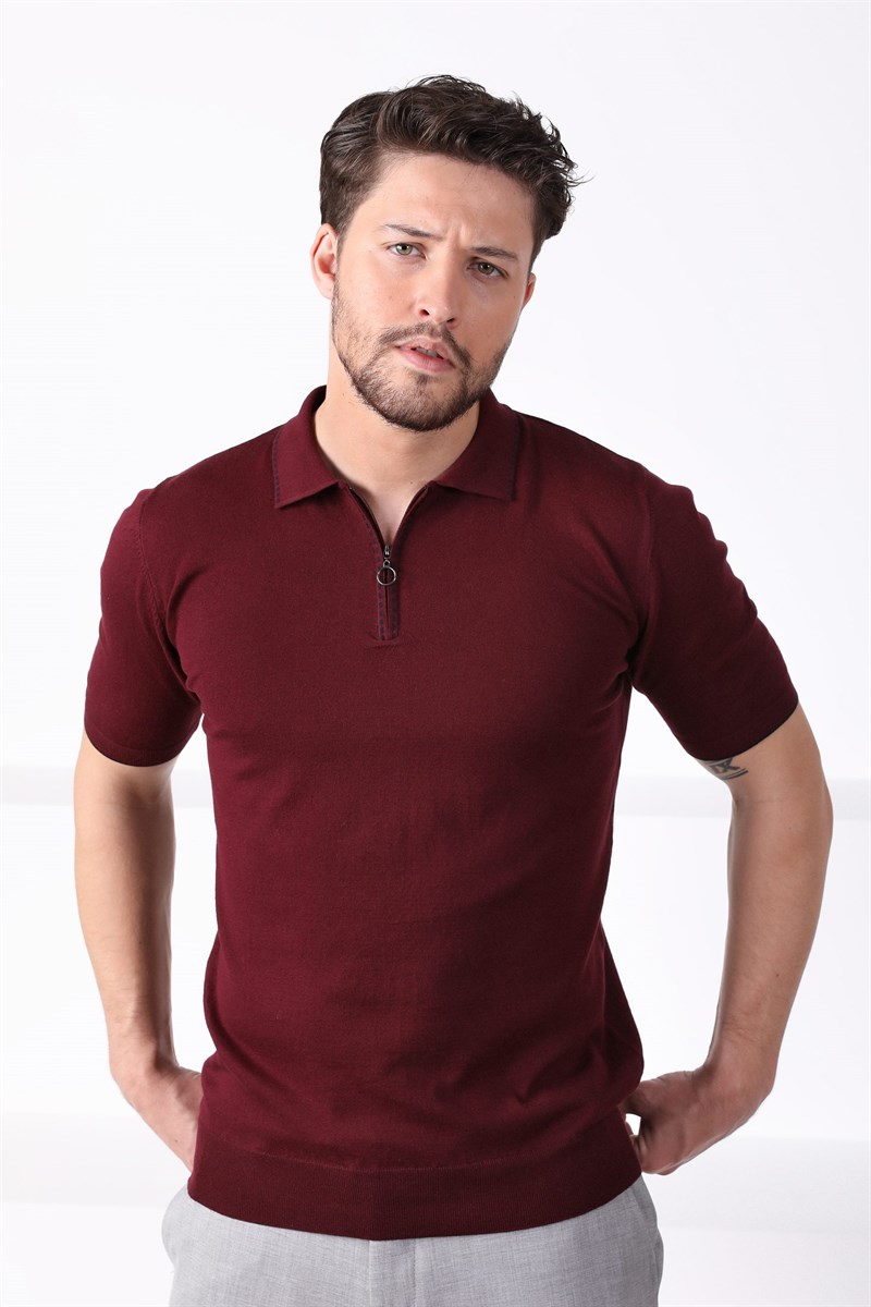 Ferraro Bordo Polo Yaka Fermuarlı Erkek Pamuk Triko T-Shirt