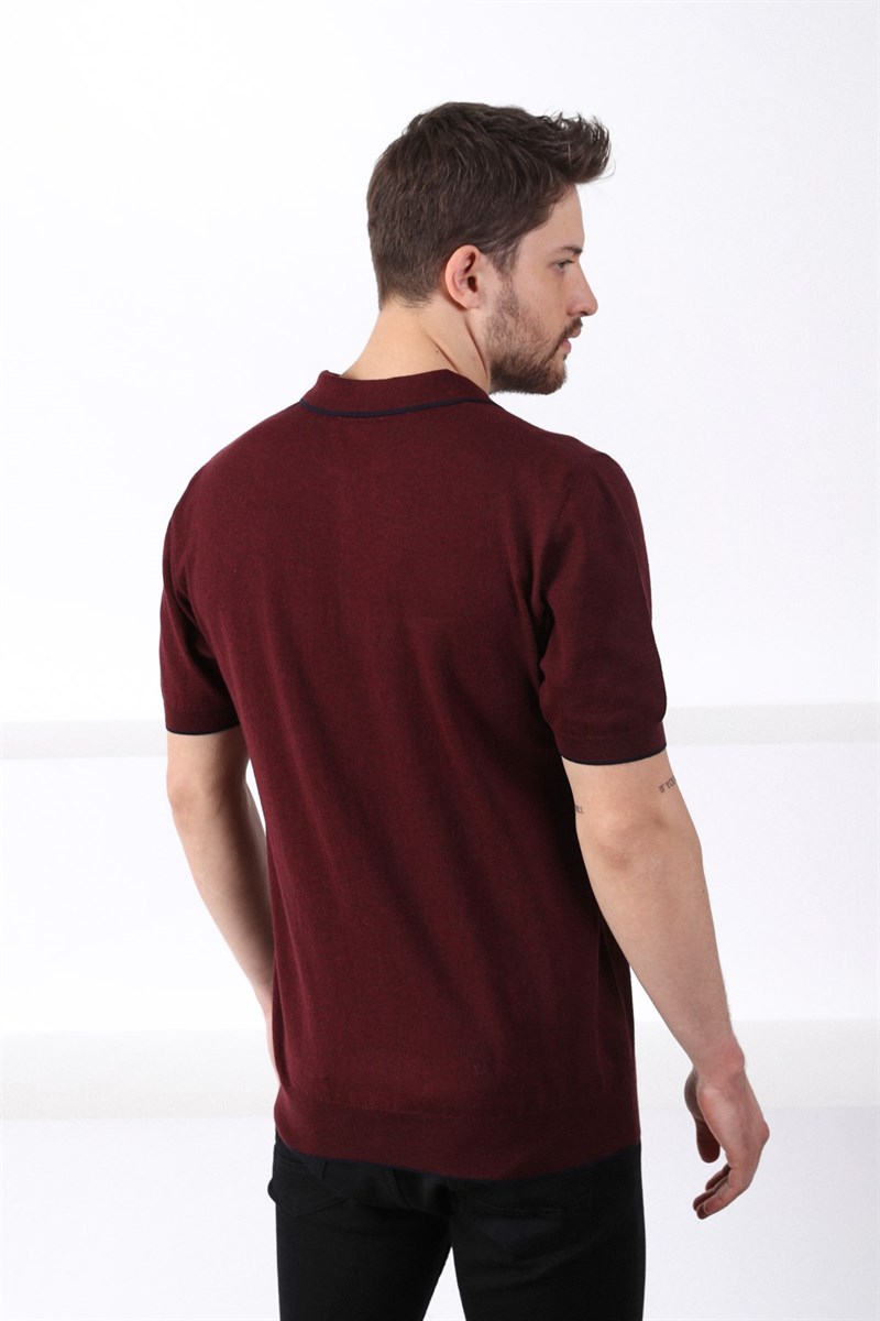Ferraro Bordo Yaka Şerit Fermuarlı Erkek Pamuk Triko T-Shirt