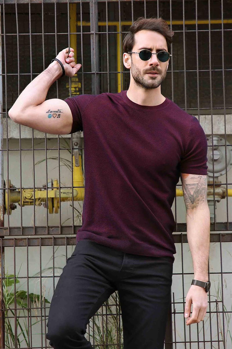 Ferraro Bordo/Laci Kuşgözü Desenli Bisiklet Yaka Erkek Triko T-Shirt