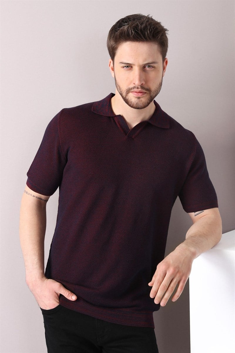 Ferraro Bordo/Laci Kuşgözü Desenli Polo Yaka Erkek Triko T-Shirt