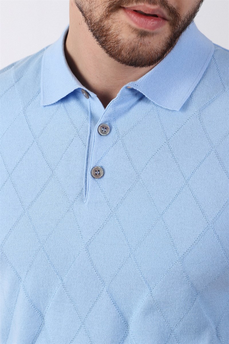 Ferraro Buzmavi Polo Yaka Baklava Desen Erkek Pamuk Triko T-Shirt