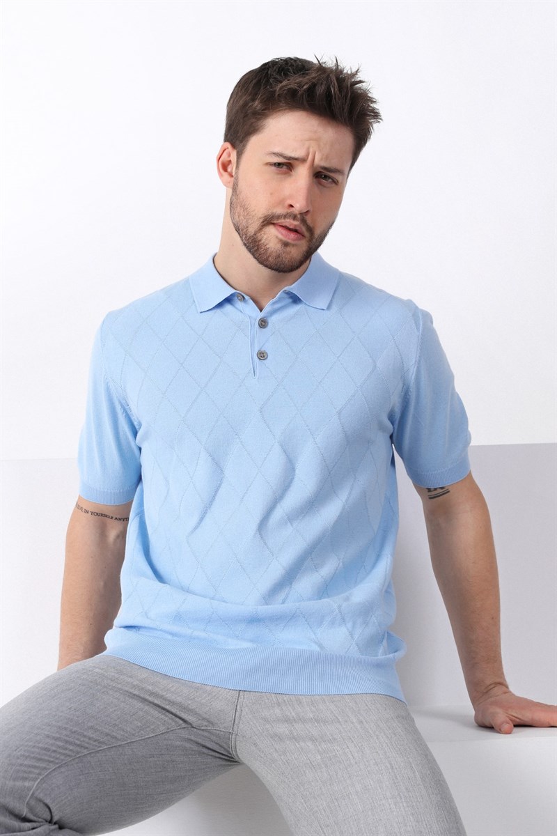 Ferraro Buzmavi Polo Yaka Baklava Desen Erkek Pamuk Triko T-Shirt