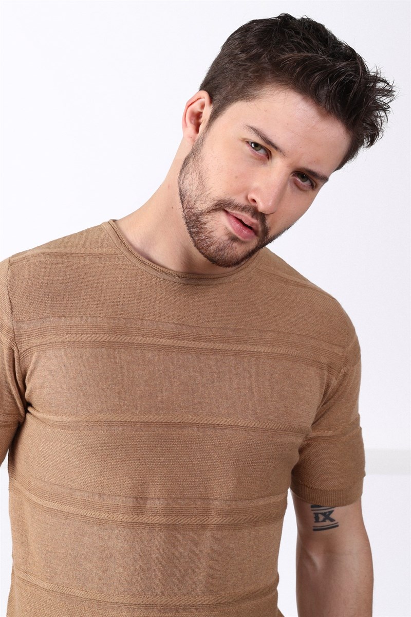 Ferraro Camel Bisiklet Yaka Erkek Pamuk Triko T-Shirt