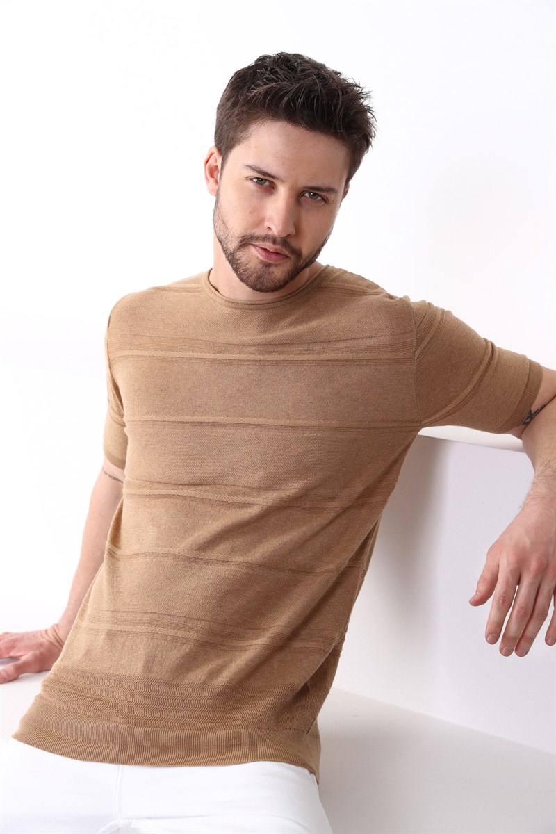 Ferraro Camel Bisiklet Yaka Erkek Pamuk Triko T-Shirt