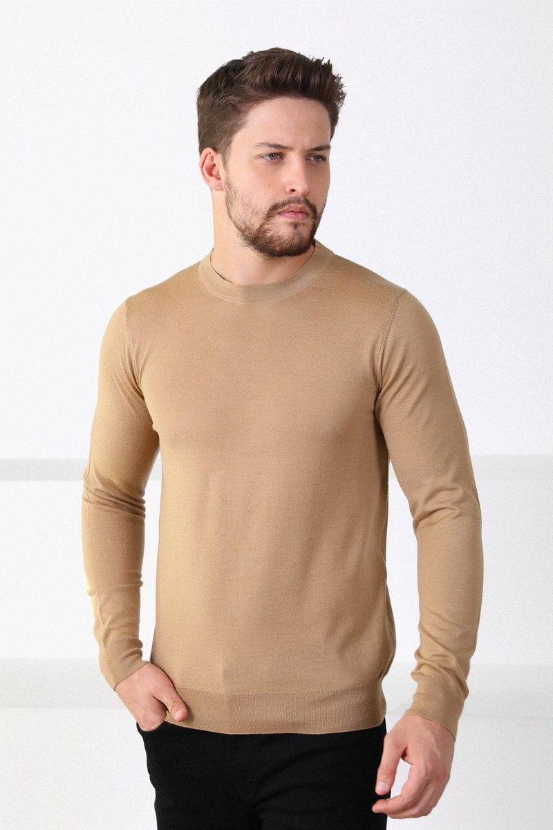 Ferraro Camel Bisiklet Yaka Superfine Erkek Triko Kazak