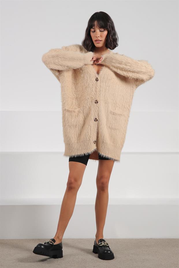Ferraro Camel Düğmeli Kaşmir ve Yün Karışımlı Oversize Kadın Triko Hırka