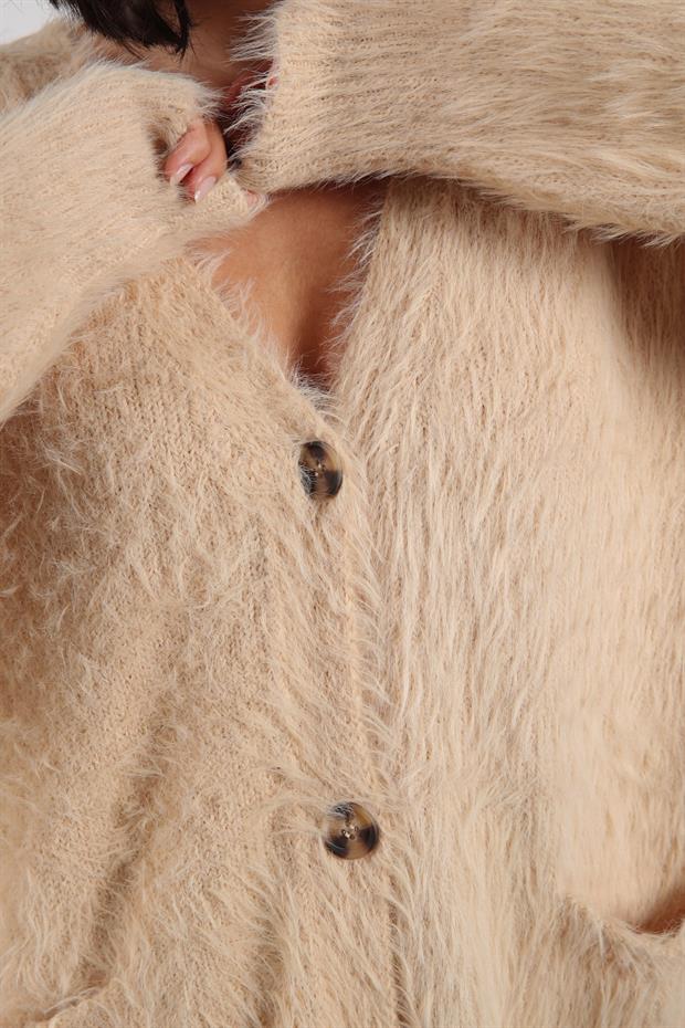 Ferraro Camel Düğmeli Kaşmir ve Yün Karışımlı Oversize Kadın Triko Hırka