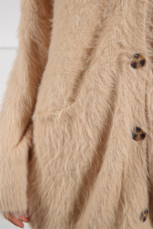 Ferraro Camel Düğmeli Kaşmir ve Yün Karışımlı Oversize Kadın Triko Hırka