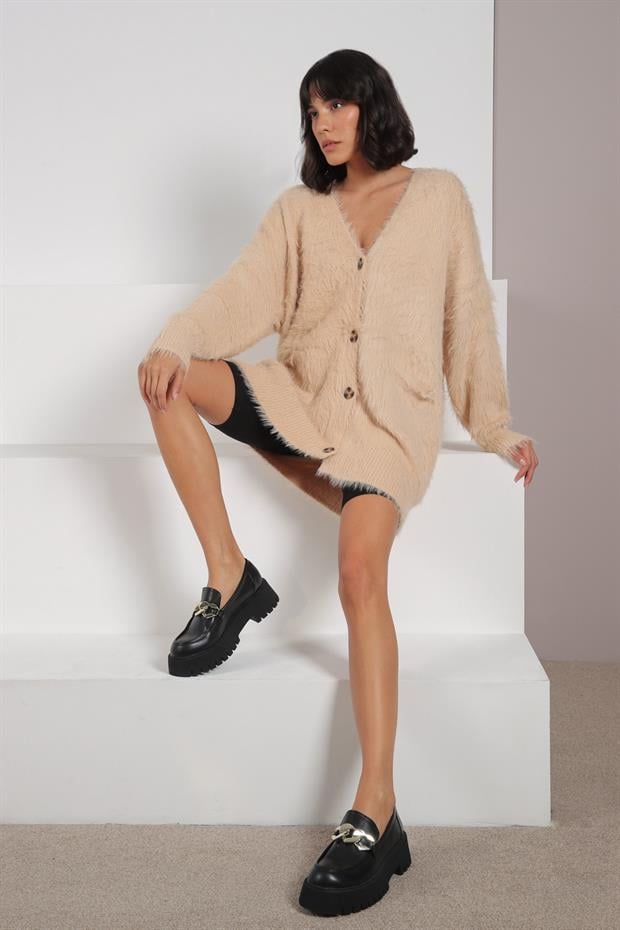Ferraro Camel Düğmeli Kaşmir ve Yün Karışımlı Oversize Kadın Triko Hırka