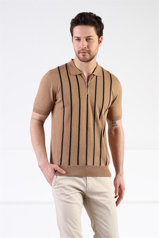 Ferraro Camel Fermuarlı Polo Yaka %100 Pamuk Erkek Triko T-Shirt