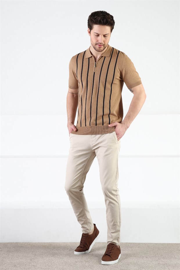 Ferraro Camel Fermuarlı Polo Yaka %100 Pamuk Erkek Triko T-Shirt