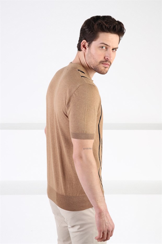 Ferraro Camel Fermuarlı Polo Yaka %100 Pamuk Erkek Triko T-Shirt