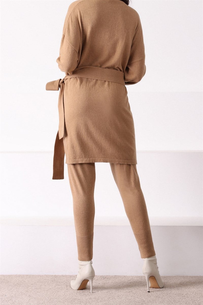 Ferraro Camel Paçası Lastikli Kaşmirli Kadın Triko Pantolon