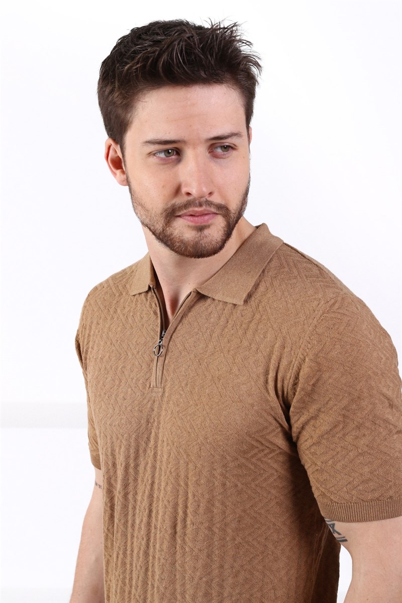 Ferraro Camel Polo Yaka Fermuarlı Erkek Pamuk Triko T-Shirt