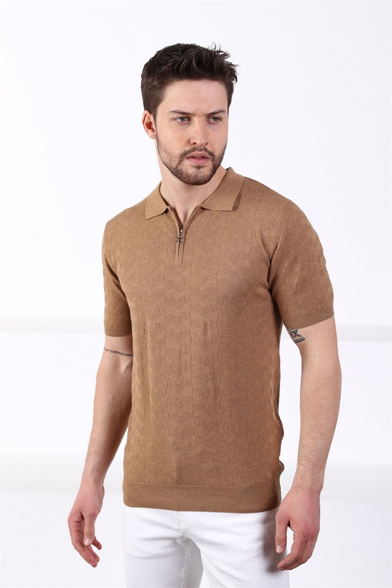 Ferraro Camel Polo Yaka Fermuarlı Erkek Pamuk Triko T-Shirt