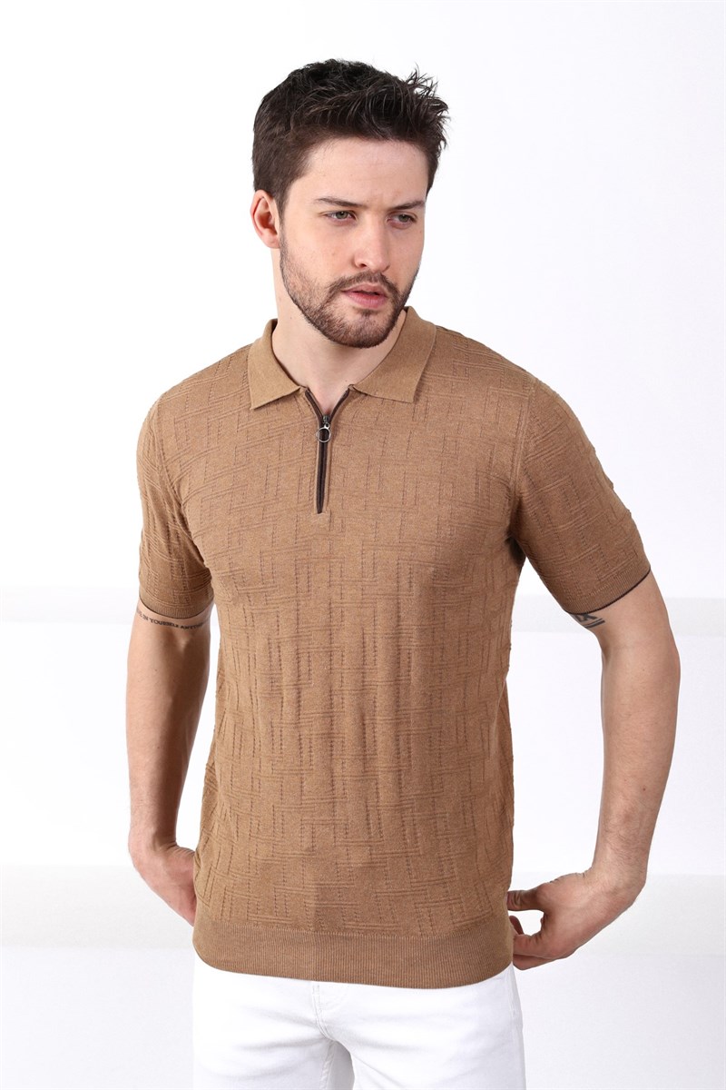 Ferraro Camel Polo Yaka Fermuarlı Erkek Pamuk Triko T-Shirt