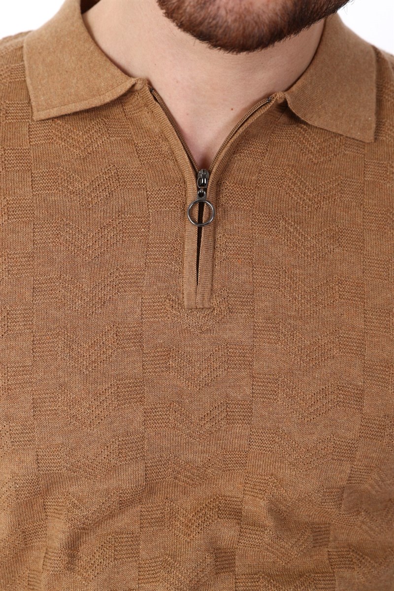 Ferraro Camel Polo Yaka Fermuarlı Erkek Pamuk Triko T-Shirt