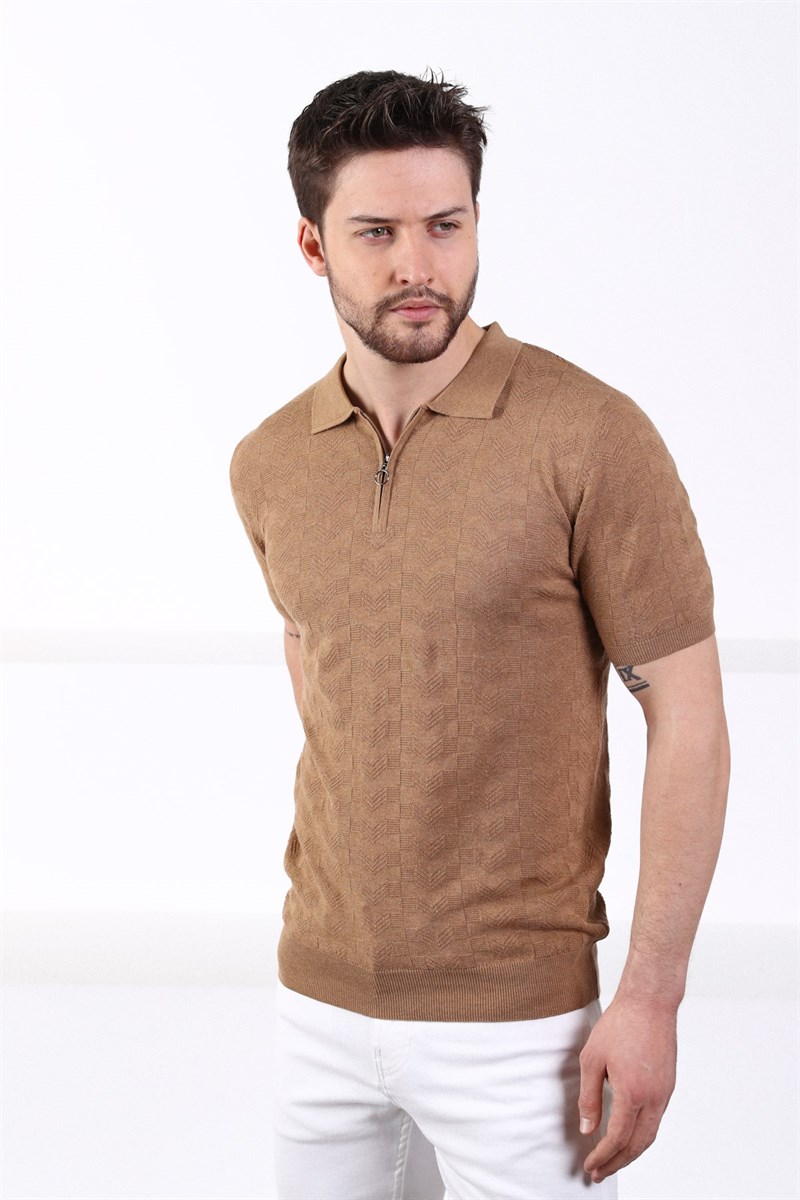 Ferraro Camel Polo Yaka Fermuarlı Erkek Pamuk Triko T-Shirt