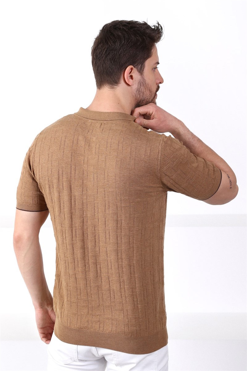 Ferraro Camel Polo Yaka Fermuarlı Erkek Pamuk Triko T-Shirt