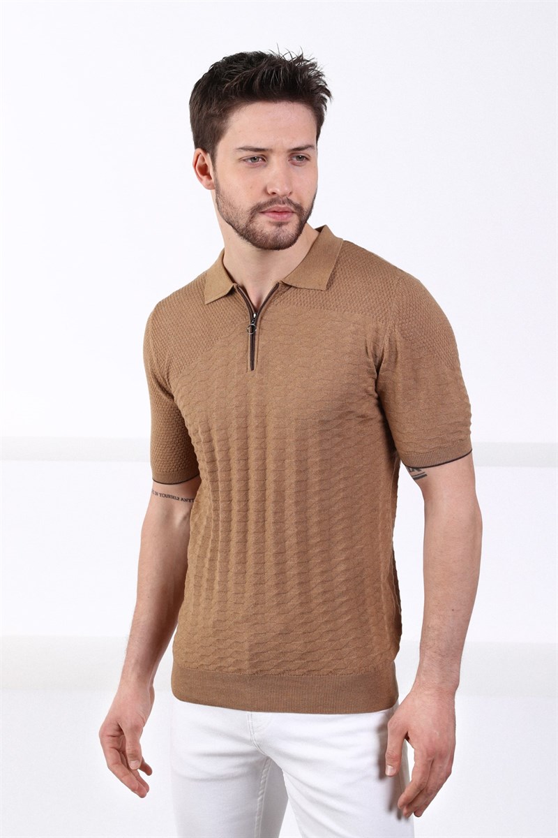 Ferraro Camel Polo Yaka Fermuarlı Erkek Pamuk Triko T-Shirt