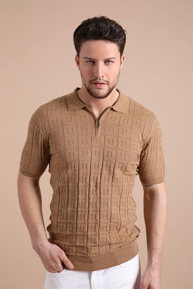 Ferraro Camel Polo Yaka Fermuarlı Erkek Pamuk Triko T-Shirt