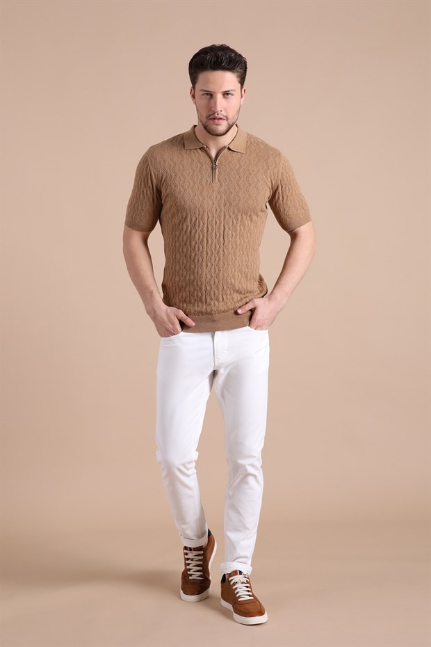Ferraro Camel Polo Yaka Fermuarlı Erkek Pamuk Triko T-Shirt