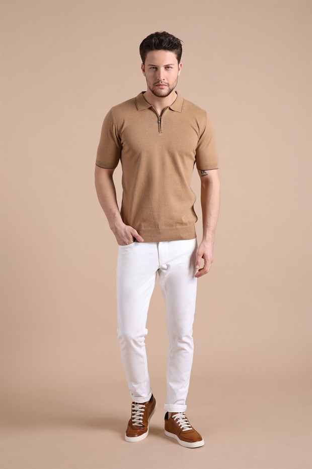 Ferraro Camel Polo Yaka Fermuarlı Erkek Pamuk Triko T-Shirt