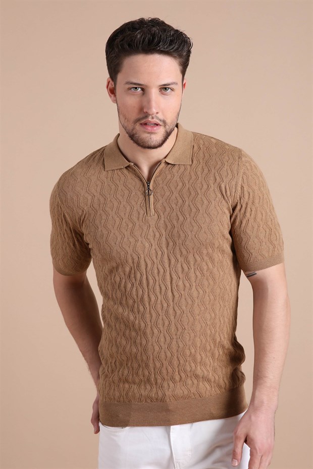 Ferraro Camel Polo Yaka Fermuarlı Erkek Pamuk Triko T-Shirt