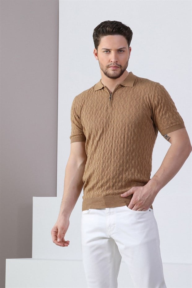 Ferraro Camel Polo Yaka Fermuarlı Erkek Pamuk Triko T-Shirt
