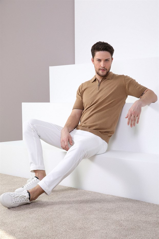Ferraro Camel Polo Yaka Fermuarlı Erkek Pamuk Triko T-Shirt