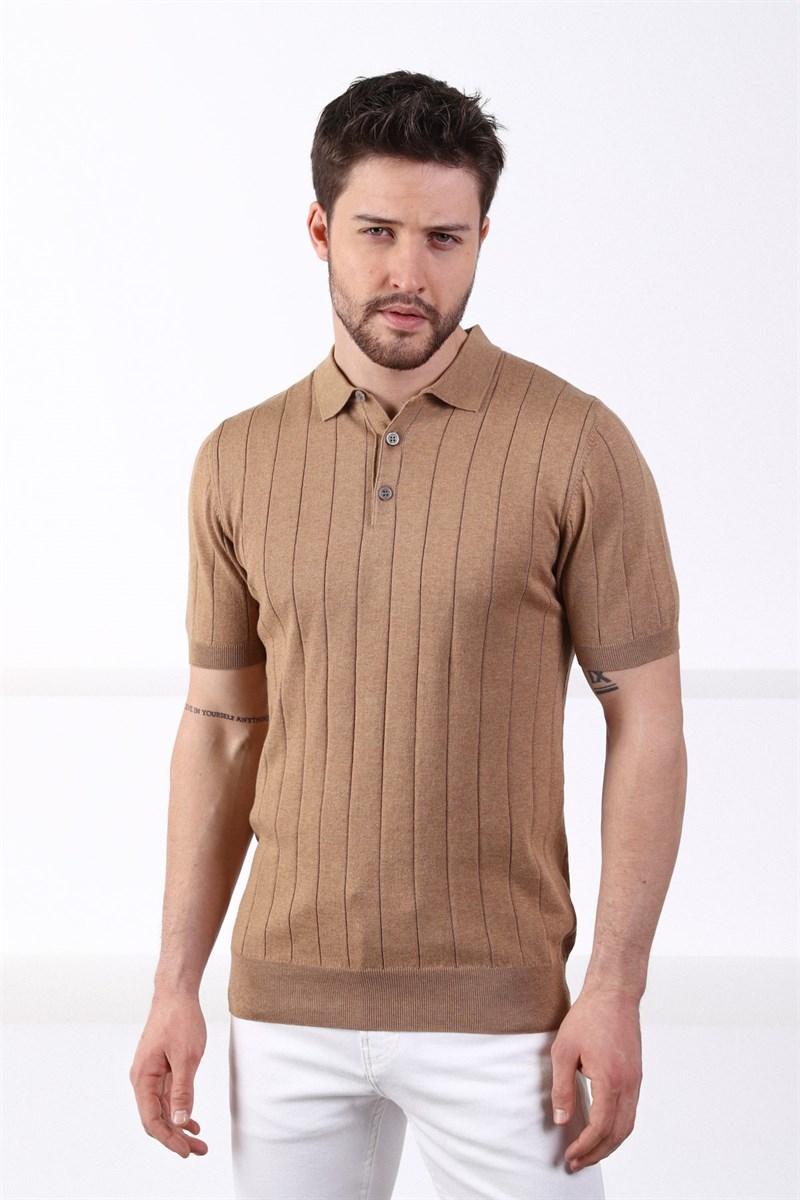 Ferraro Camel Polo Yaka Fitilli Erkek Pamuk Triko T-Shirt