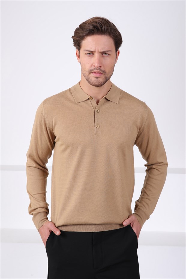 Ferraro Camel Polo Yaka Superfine Erkek Triko Kazak