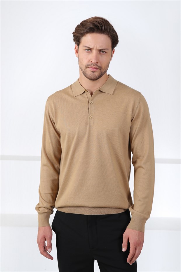 Ferraro Camel Polo Yaka Superfine Erkek Triko Kazak