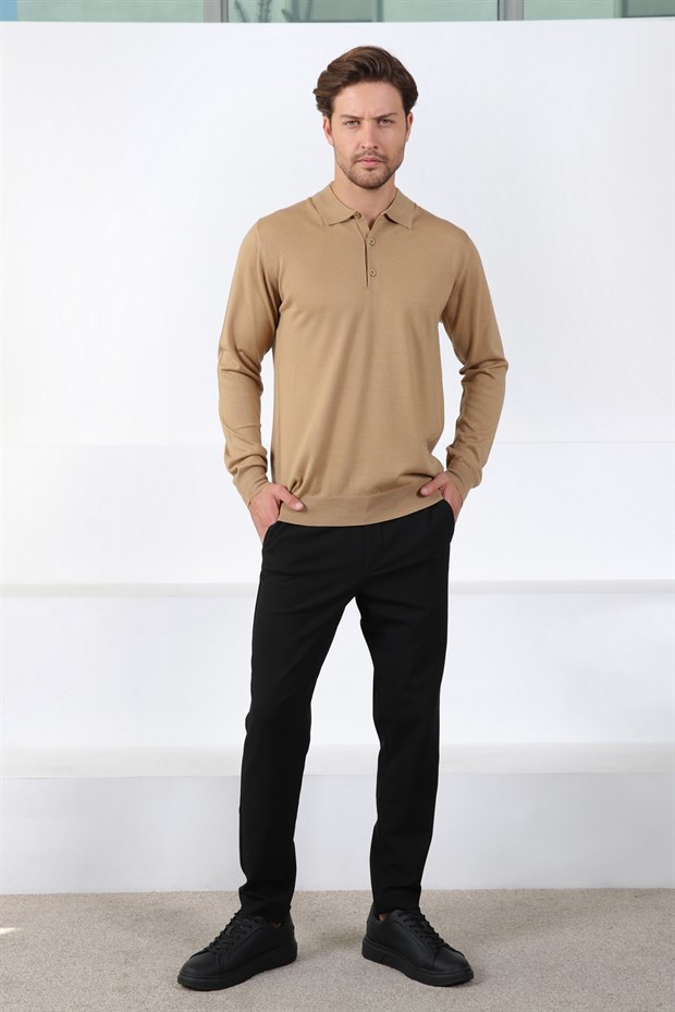 Ferraro Camel Polo Yaka Superfine Erkek Triko Kazak