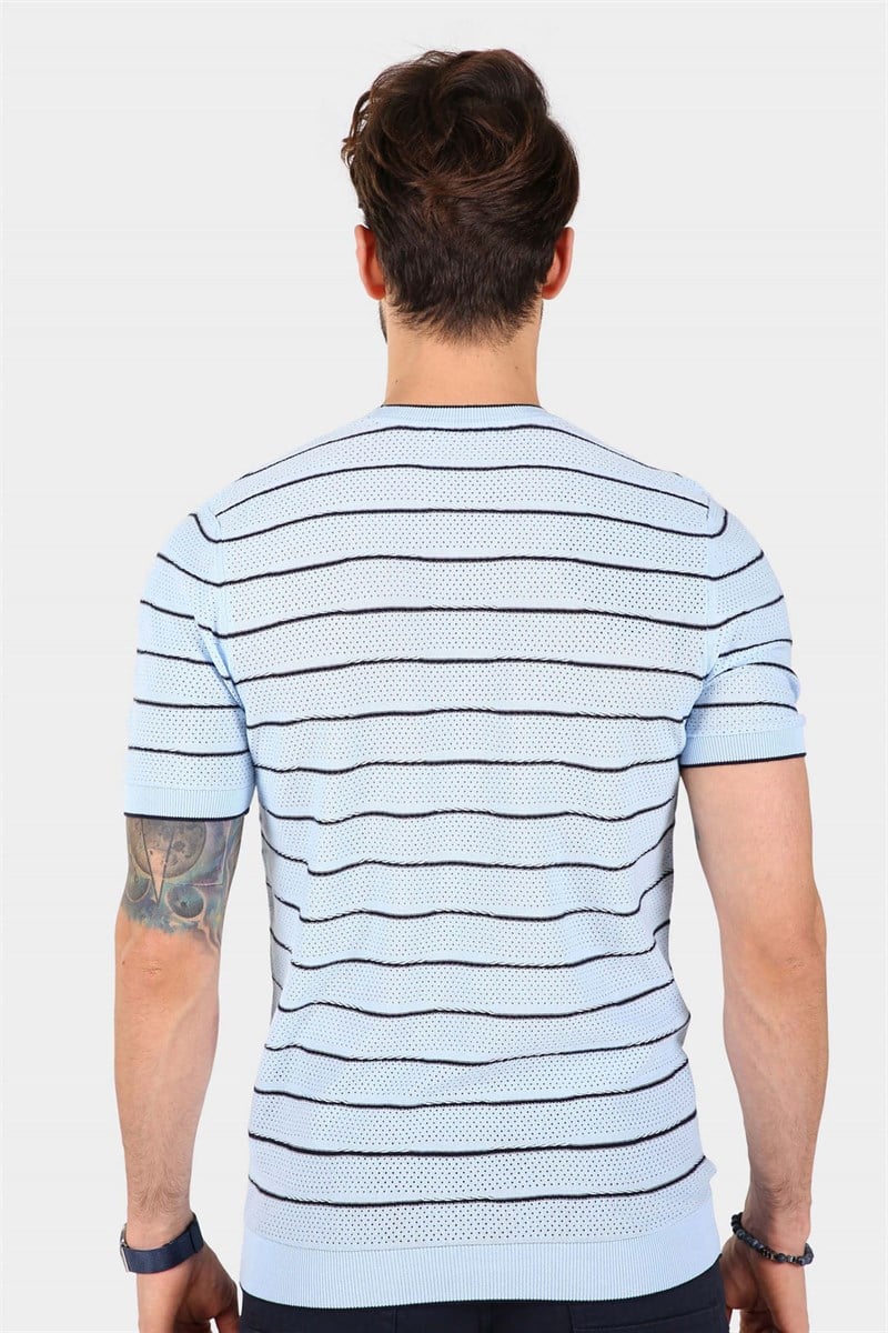 Ferraro Erkek Çizgili Delikli Bisiklet Yaka Triko T Shirt - Mavi Lacivert